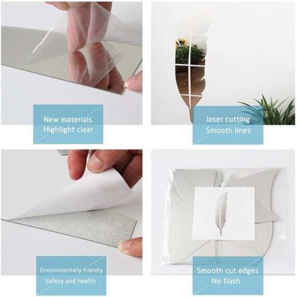 3D Acrylic Mirror Wall Decor Stickers, 11.8x49.2 Inches Feather Shaped Set DIY - Picture 5 of 6